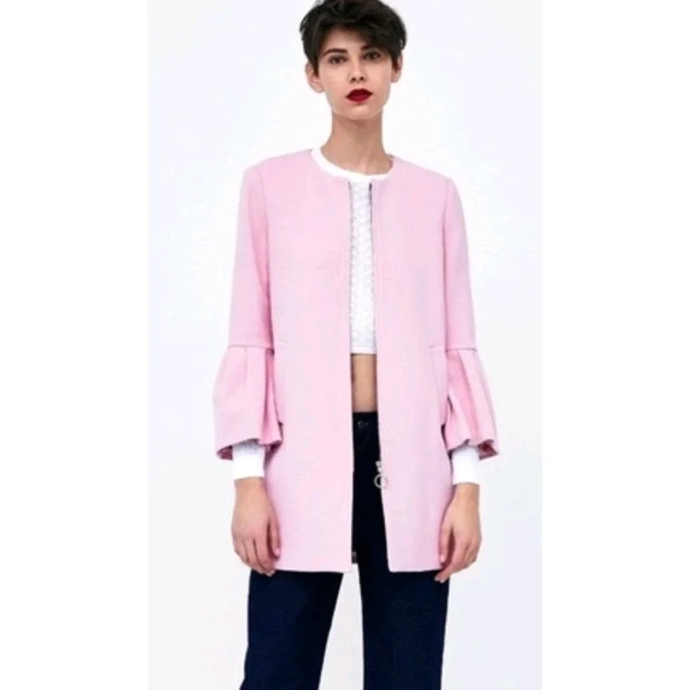Zara Pink Ruffle Bell Sleeve Coat Lined Full Zip Sz XS Peacoat - Picture 3 of 13